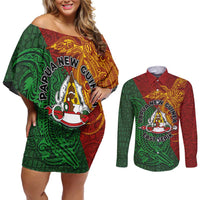 Papua New Guinea East Sepik Province Couples Matching Off Shoulder Short Dress and Long Sleeve Button Shirt Tribal Crocodile Birds of Paradise Melanesian Tattoo