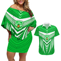 Kimbe Cutters Rugby Couples Matching Off Shoulder Short Dress and Hawaiian Shirt Papua New Guinea Polynesian Tattoo Green Version LT03 Green - Polynesian Pride
