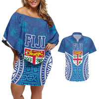 Fiji Day Couples Matching Off Shoulder Short Dress and Hawaiian Shirt Fijian Masi Tribal Hibiscus Tattoo and Tapa Pattern LT03 Blue - Polynesian Pride