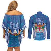 Fiji Day Couples Matching Off Shoulder Short Dress and Long Sleeve Button Shirt Fijian Masi Tribal Hibiscus Tattoo and Tapa Pattern LT03 - Polynesian Pride