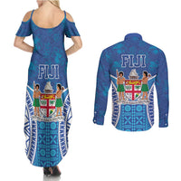 Fiji Day Couples Matching Summer Maxi Dress and Long Sleeve Button Shirt Fijian Masi Tribal Hibiscus Tattoo and Tapa Pattern LT03 - Polynesian Pride