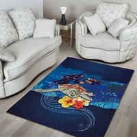 Polynesian Scuba Diving Area Rug Honu with Hibiscus and Plumeria Flower and Tapa Tribal Pattern