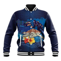 Polynesian Scuba Diving Baseball Jacket Honu with Hibiscus and Plumeria Flower and Tapa Tribal Pattern