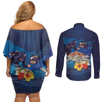Polynesian Scuba Diving Couples Matching Off Shoulder Short Dress and Long Sleeve Button Shirt Honu with Hibiscus and Plumeria Flower and Tapa Tribal Pattern LT03 - Polynesian Pride