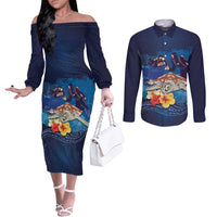 Polynesian Scuba Diving Couples Matching Off The Shoulder Long Sleeve Dress and Long Sleeve Button Shirt Honu with Hibiscus and Plumeria Flower and Tapa Tribal Pattern