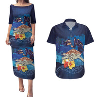 Polynesian Scuba Diving Couples Matching Puletasi and Hawaiian Shirt Honu with Hibiscus and Plumeria Flower and Tapa Tribal Pattern LT03 Blue - Polynesian Pride