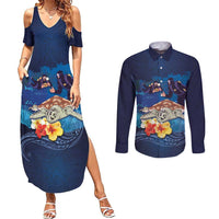 Polynesian Scuba Diving Couples Matching Summer Maxi Dress and Long Sleeve Button Shirt Honu with Hibiscus and Plumeria Flower and Tapa Tribal Pattern LT03 Blue - Polynesian Pride