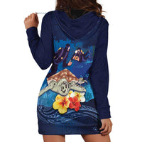 Polynesian Scuba Diving Hoodie Dress Honu with Hibiscus and Plumeria Flower and Tapa Tribal Pattern