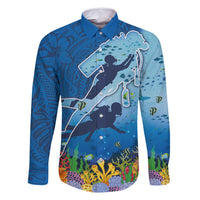 Polynesian Scuba Diving Family Matching Mermaid Dress and Hawaiian Shirt Beauty Corals with Underwater and Polynesian Pattern LT03 Dad's Shirt - Long Sleeve Blue - Polynesian Pride