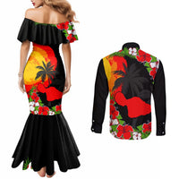Hawaii Maui Island Couples Matching Mermaid Dress and Long Sleeve Button Shirts Maui Map With Tropical Forest Sunset Vibe LT03 - Polynesian Pride