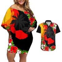 Hawaii Maui Island Couples Matching Off Shoulder Short Dress and Hawaiian Shirt Maui Map With Tropical Forest Sunset Vibe LT03 Black - Polynesian Pride