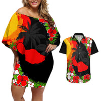 Hawaii Maui Island Couples Matching Off Shoulder Short Dress and Hawaiian Shirt Maui Map With Tropical Forest Sunset Vibe LT03 Black - Polynesian Pride