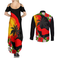 Hawaii Maui Island Couples Matching Summer Maxi Dress and Long Sleeve Button Shirts Maui Map With Tropical Forest Sunset Vibe LT03 - Polynesian Pride