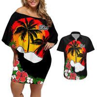 Hawaii Maui Island Couples Matching Off Shoulder Short Dress and Hawaiian Shirt Maui Map With Tropical Forest Vintage Style LT03 Black - Polynesian Pride