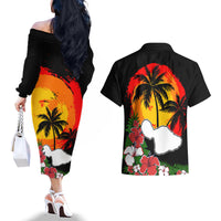 Hawaii Maui Island Couples Matching Off The Shoulder Long Sleeve Dress and Hawaiian Shirt Maui Map With Tropical Forest Vintage Style LT03 - Polynesian Pride