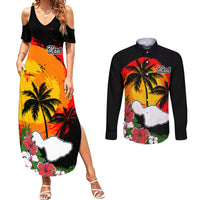 Hawaii Maui Island Couples Matching Summer Maxi Dress and Long Sleeve Button Shirts Maui Map With Tropical Forest Vintage Style LT03 Black - Polynesian Pride
