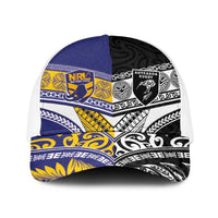 Niue and Aotearoa Rugby Baseball Net Cap Hiapo with Maori Moko Tribal Heritage Tattoos - Polynesian Pride