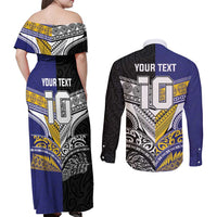 Custom Rugby Niue and Aotearoa Couples Matching Off Shoulder Maxi Dress and Long Sleeve Button Shirt Hiapo with Maori Moko Tribal Heritage Tattoos - Polynesian Pride