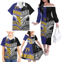 Custom Rugby Niue and Aotearoa Family Matching Off The Shoulder Long Sleeve Dress and Hawaiian Shirt Hiapo with Maori Moko Tribal Heritage Tattoos - Polynesian Pride