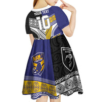 Custom Rugby Niue and Aotearoa Kid Short Sleeve Dress Hiapo with Maori Moko Tribal Heritage Tattoos - Polynesian Pride