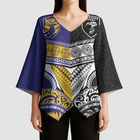 Custom Rugby Niue and Aotearoa Kimono Sleeve Blouse Hiapo with Maori Moko Tribal Heritage Tattoos - Polynesian Pride