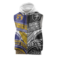 Custom Rugby Niue and Aotearoa Sleeveless Zip Hoodie Hiapo with Maori Moko Tribal Heritage Tattoos - Polynesian Pride