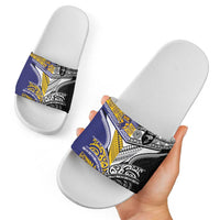 Rugby Niue and Aotearoa Slide Sandals Hiapo with Maori Moko Tribal Heritage Tattoos - Polynesian Pride