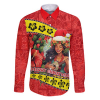 Hawaii Christmas Family Matching Mermaid Dress and Hawaiian Shirt Hula Girl Hibiscus With Hawaiian Style Tribal Fabric Patchwork LT03 Dad's Shirt - Long Sleeve Red - Polynesian Pride