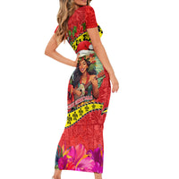Hawaii Christmas Short Sleeve Bodycon Dress Hula Girl Hibiscus With Hawaiian Style Tribal Fabric Patchwork LT03 - Polynesian Pride