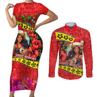 Personalised Hawaii Christmas Couples Matching Short Sleeve Bodycon Dress and Long Sleeve Button Shirt Hula Girl Hibiscus With Hawaiian Style Tribal Fabric Patchwork LT03 Red - Polynesian Pride