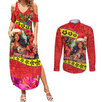 Personalised Hawaii Christmas Couples Matching Summer Maxi Dress and Long Sleeve Button Shirt Hula Girl Hibiscus With Hawaiian Style Tribal Fabric Patchwork LT03 Red - Polynesian Pride