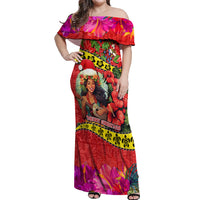 Personalised Hawaii Christmas Off Shoulder Maxi Dress Hula Girl Hibiscus With Hawaiian Style Tribal Fabric Patchwork LT03 Women Red - Polynesian Pride
