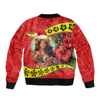 Personalised Hawaii Christmas Sleeve Zip Bomber Jacket Hula Girl Hibiscus With Hawaiian Style Tribal Fabric Patchwork LT03 - Polynesian Pride