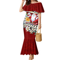 Personalised Tahiti Christmas Family Matching Mermaid Dress and Hawaiian Shirt Tiare Flowers and Pomarea Nigra with Polynesian Pattern LT03 Mom's Dress Red - Polynesian Pride