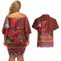 Hawaii KaʻUla Wena ʻIʻiwi Couples Matching Off Shoulder Short Dress and Hawaiian Shirt With Tropical Plants and 'Ohi'a lehua Kakau Art Tattoo