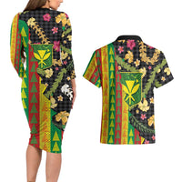 Hawaiian Tropical Plants Lei Couples Matching Long Sleeve Bodycon Dress and Hawaiian Shirt Kanaka Maoli Tribal with Palaka Motifs LT03 - Polynesian Pride