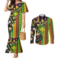 Hawaiian Tropical Plants Lei Couples Matching Mermaid Dress and Long Sleeve Button Shirt Kanaka Maoli Tribal with Palaka Motifs LT03 Multicolor - Polynesian Pride