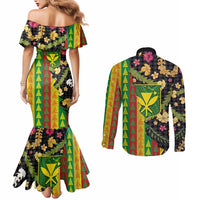 Hawaiian Tropical Plants Lei Couples Matching Mermaid Dress and Long Sleeve Button Shirt Kanaka Maoli Tribal with Palaka Motifs LT03 - Polynesian Pride
