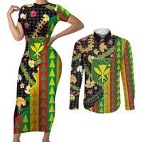Hawaiian Tropical Plants Lei Couples Matching Short Sleeve Bodycon Dress and Long Sleeve Button Shirt Kanaka Maoli Tribal with Palaka Motifs LT03 Multicolor - Polynesian Pride