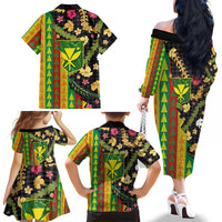 Hawaiian Tropical Plants Lei Family Matching Off The Shoulder Long Sleeve Dress and Hawaiian Shirt Kanaka Maoli Tribal with Palaka Motifs LT03 - Polynesian Pride