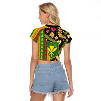Hawaiian Tropical Plants Lei Raglan Cropped T Shirt Kanaka Maoli Tribal with Palaka Motifs LT03 - Polynesian Pride