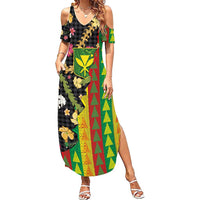 Hawaiian Tropical Plants Lei Summer Maxi Dress Kanaka Maoli Tribal with Palaka Motifs LT03 Women Multicolor - Polynesian Pride