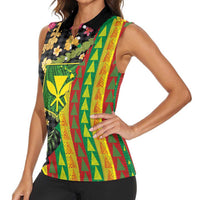 Hawaiian Tropical Plants Lei Women Sleeveless Polo Shirt Kanaka Maoli Tribal with Palaka Motifs LT03 - Polynesian Pride