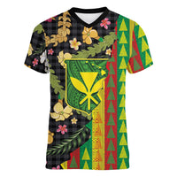 Hawaiian Tropical Plants Lei Women V-Neck T-Shirt Kanaka Maoli Tribal with Palaka Motifs LT03 Female Multicolor - Polynesian Pride