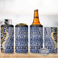 Hawaiian Plumeria Lei 4 in 1 Can Cooler Tumbler Kakau Motifs and Palaka Half Style Blue Color LT03 - Polynesian Pride