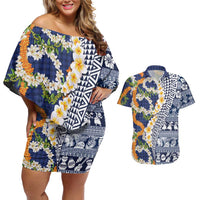 Hawaiian Plumeria Lei Couples Matching Off Shoulder Short Dress and Hawaiian Shirt Kakau Motifs and Palaka Half Style Blue Color LT03 Blue - Polynesian Pride