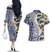 Hawaiian Plumeria Lei Couples Matching Off The Shoulder Long Sleeve Dress and Hawaiian Shirt Kakau Motifs and Palaka Half Style Blue Color LT03 - Polynesian Pride