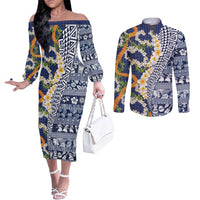 Hawaiian Plumeria Lei Couples Matching Off The Shoulder Long Sleeve Dress and Long Sleeve Button Shirt Kakau Motifs and Palaka Half Style Blue Color LT03 Blue - Polynesian Pride