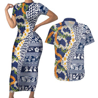 Hawaiian Plumeria Lei Couples Matching Short Sleeve Bodycon Dress and Hawaiian Shirt Kakau Motifs and Palaka Half Style Blue Color LT03 Blue - Polynesian Pride