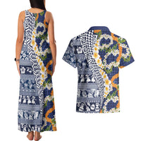 Hawaiian Plumeria Lei Couples Matching Tank Maxi Dress and Hawaiian Shirt Kakau Motifs and Palaka Half Style Blue Color LT03 - Polynesian Pride